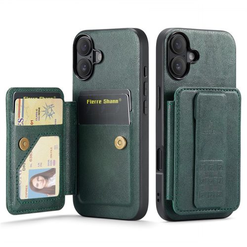 FIERRE SHANN 024 Style For iPhone 16 Case Card Holder Kickstand Waxy Texture Leather+TPU Phone Cover - Green