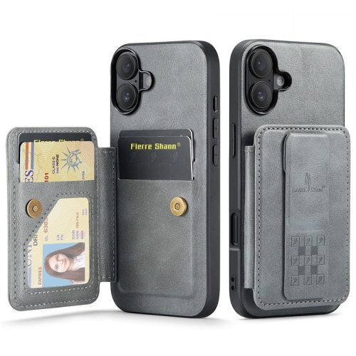 FIERRE SHANN 024 Style For iPhone 16 Case Card Holder Kickstand Waxy Texture Leather+TPU Phone Cover - Grey