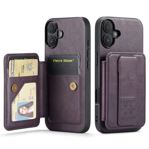 FIERRE SHANN 024 Style For iPhone 16 Case Card Holder Kickstand Waxy Texture Leather+TPU Phone Cover - Purple