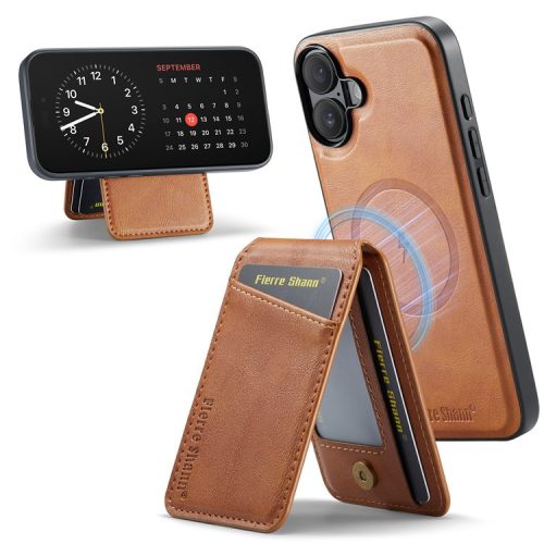 FIERRE SHANN 025 Style For iPhone 16 Case Leather+TPU Detachable Card Slots Phone Cover - Brown