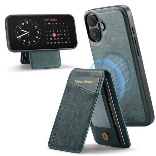 FIERRE SHANN 025 Style For iPhone 16 Case Leather+TPU Detachable Card Slots Phone Cover - Green