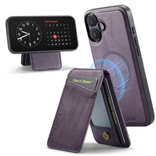 FIERRE SHANN 025 Style For iPhone 16 Case Leather+TPU Detachable Card Slots Phone Cover - Purple