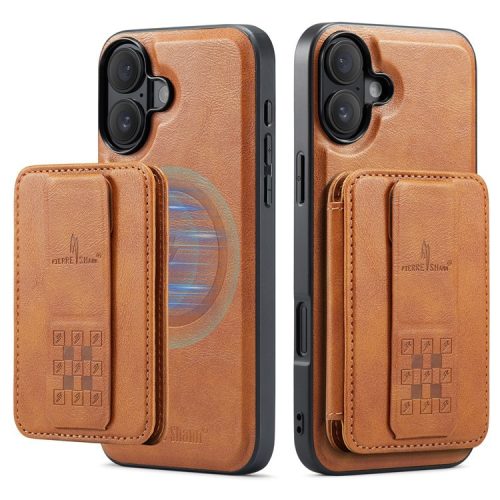 FIERRE SHANN 028 Style For iPhone 16 Case Magnetic Detachable Card Slots Leather Back Cover - Brown