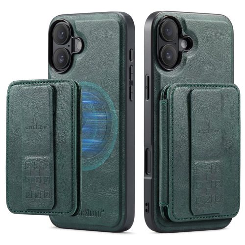 FIERRE SHANN 028 Style For iPhone 16 Case Magnetic Detachable Card Slots Leather Back Cover - Green