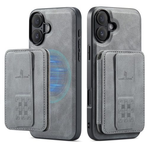 FIERRE SHANN 028 Style For iPhone 16 Case Magnetic Detachable Card Slots Leather Back Cover - Grey