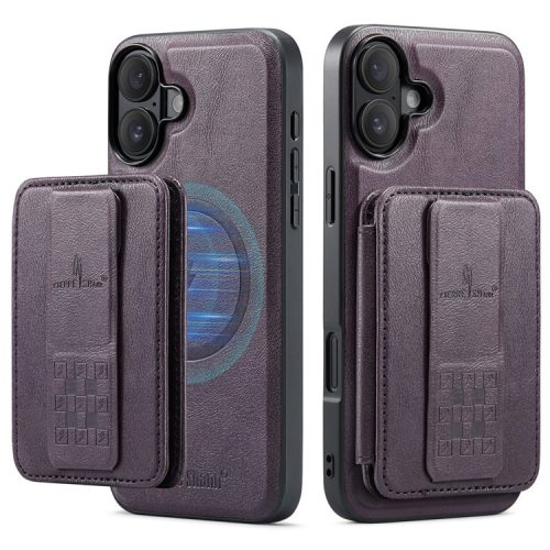 FIERRE SHANN 028 Style For iPhone 16 Case Magnetic Detachable Card Slots Leather Back Cover - Purple