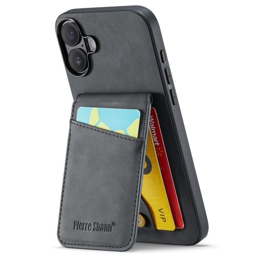 FIERRE SHANN For iPhone 16 Case Card Holder Kickstand Leather RFID Blocking Back Cover - Black