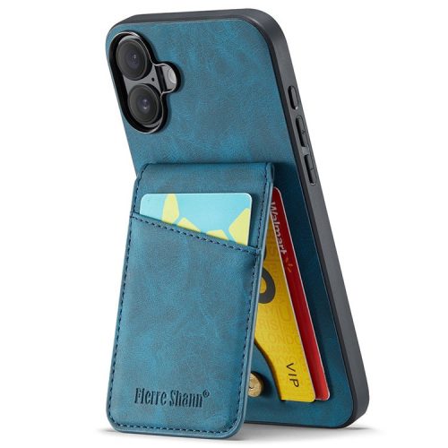 FIERRE SHANN For iPhone 16 Case Card Holder Kickstand Leather RFID Blocking Back Cover - Blue