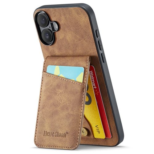 FIERRE SHANN For iPhone 16 Case Card Holder Kickstand Leather RFID Blocking Back Cover - Brown