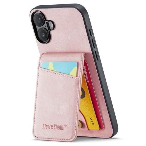 FIERRE SHANN For iPhone 16 Case Card Holder Kickstand Leather RFID Blocking Back Cover - Pink