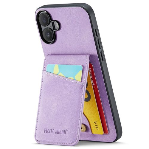 FIERRE SHANN For iPhone 16 Case Card Holder Kickstand Leather RFID Blocking Back Cover - Purple