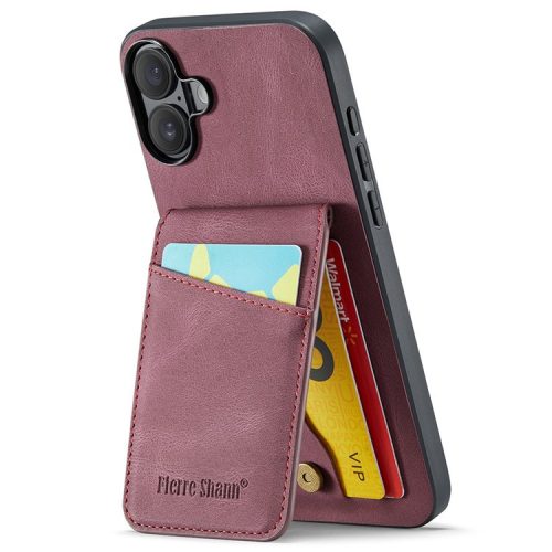 FIERRE SHANN For iPhone 16 Case Card Holder Kickstand Leather RFID Blocking Back Cover - Wine Red