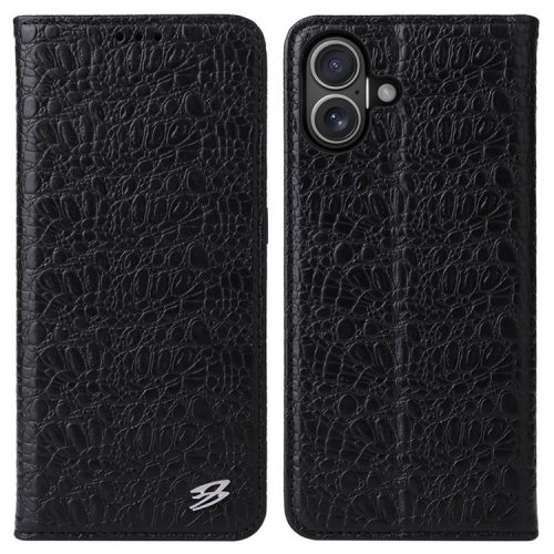 FIERRE SHANN For iPhone 16 Case Genuine Cow Leather Crocodile Texture Wallet Phone Cover - Black