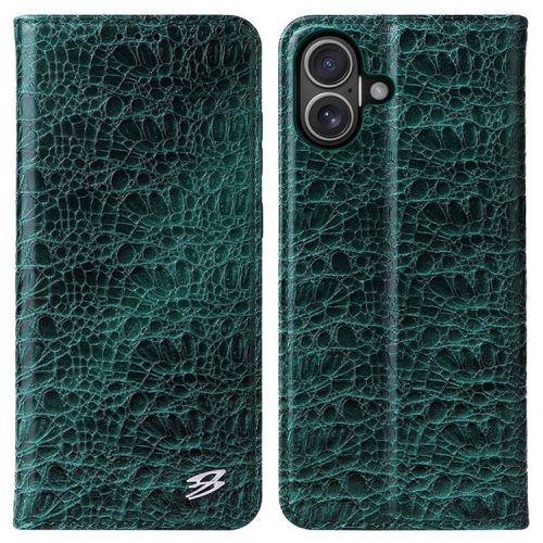 FIERRE SHANN For iPhone 16 Case Genuine Cow Leather Crocodile Texture Wallet Phone Cover - Green