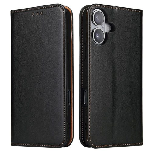 FIERRE SHANN For iPhone 16 Case PU Leather Flip Stand Wallet Phone Cover - Black