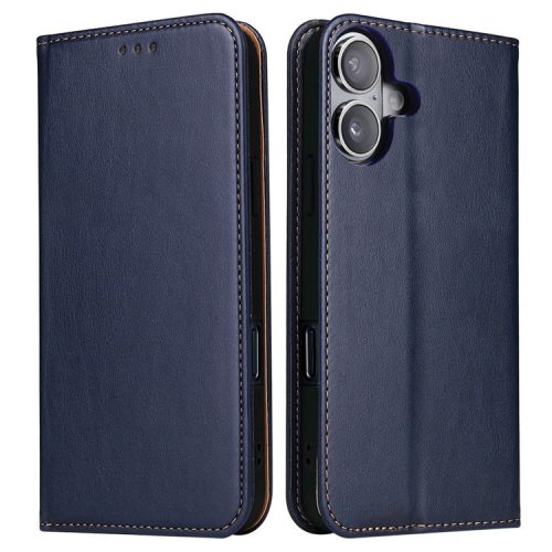 FIERRE SHANN For iPhone 16 Case PU Leather Flip Stand Wallet Phone Cover - Blue