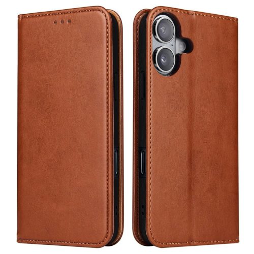 FIERRE SHANN For iPhone 16 Case PU Leather Flip Stand Wallet Phone Cover - Brown