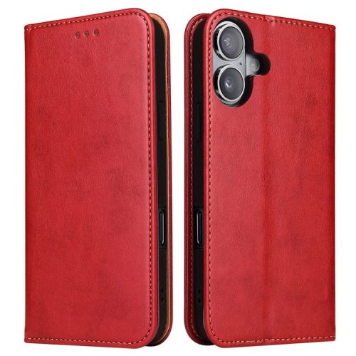 FIERRE SHANN For iPhone 16 Case PU Leather Flip Stand Wallet Phone Cover - Red