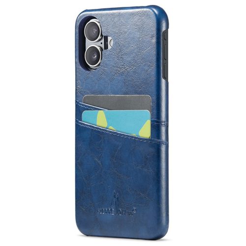 FIERRE SHANN For iPhone 16 Case Waxy PU Leather+PC Card Holder Phone Cover - Blue