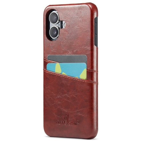 FIERRE SHANN For iPhone 16 Case Waxy PU Leather+PC Card Holder Phone Cover - Brown