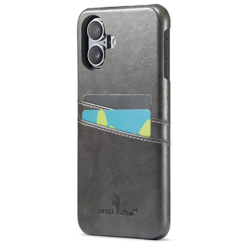 FIERRE SHANN For iPhone 16 Case Waxy PU Leather+PC Card Holder Phone Cover - Grey