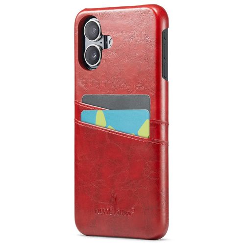 FIERRE SHANN For iPhone 16 Case Waxy PU Leather+PC Card Holder Phone Cover - Red