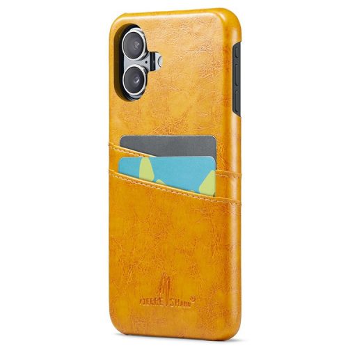 FIERRE SHANN For iPhone 16 Case Waxy PU Leather+PC Card Holder Phone Cover - Yellow