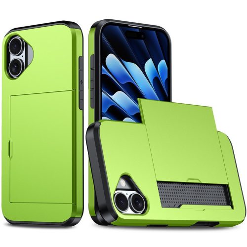 For  iPhone 16 Case Dual Layer TPU + PC Phone Cover with Sliding Card Slot - Green