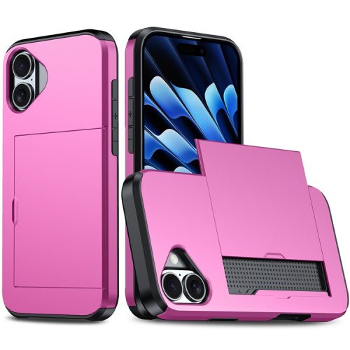 For  iPhone 16 Case Dual Layer TPU + PC Phone Cover with Sliding Card Slot - Pink