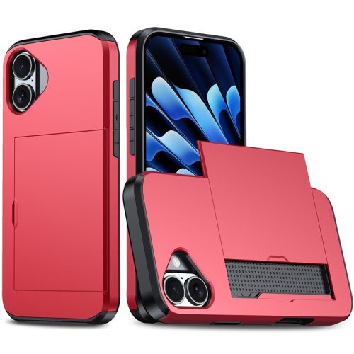 For  iPhone 16 Case Dual Layer TPU + PC Phone Cover with Sliding Card Slot - Red