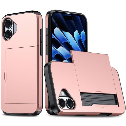 For  iPhone 16 Case Dual Layer TPU + PC Phone Cover with Sliding Card Slot - Rose Gold