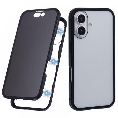 For iPhone 16 Anti-Spy Case Magnetic Metal Frame + Double-Sided Tempered Glass Phone Cover - Black