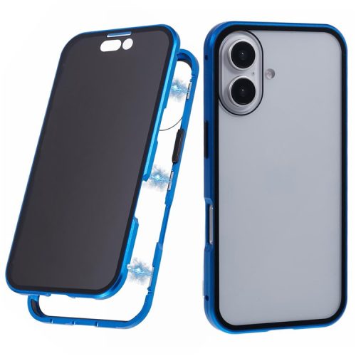 For iPhone 16 Anti-Spy Case Magnetic Metal Frame + Double-Sided Tempered Glass Phone Cover - Dark Blue