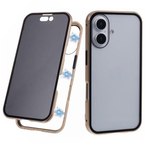 For iPhone 16 Anti-Spy Case Magnetic Metal Frame + Double-Sided Tempered Glass Phone Cover - Gold