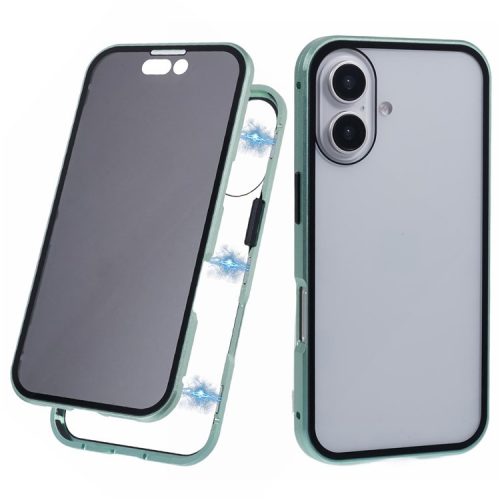 For iPhone 16 Anti-Spy Case Magnetic Metal Frame + Double-Sided Tempered Glass Phone Cover - Green