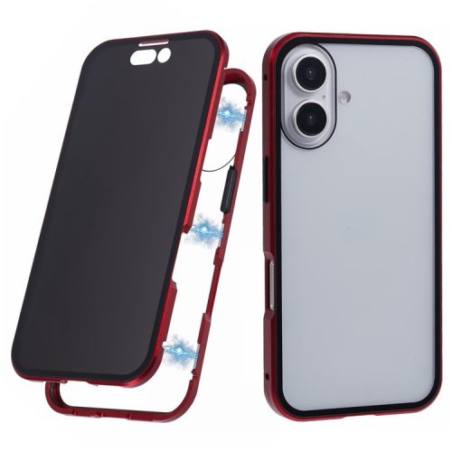 For iPhone 16 Anti-Spy Case Magnetic Metal Frame + Double-Sided Tempered Glass Phone Cover - Red