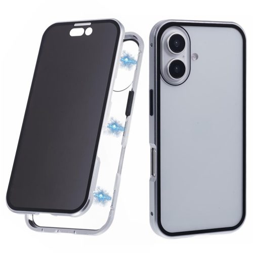 For iPhone 16 Anti-Spy Case Magnetic Metal Frame + Double-Sided Tempered Glass Phone Cover - Silver