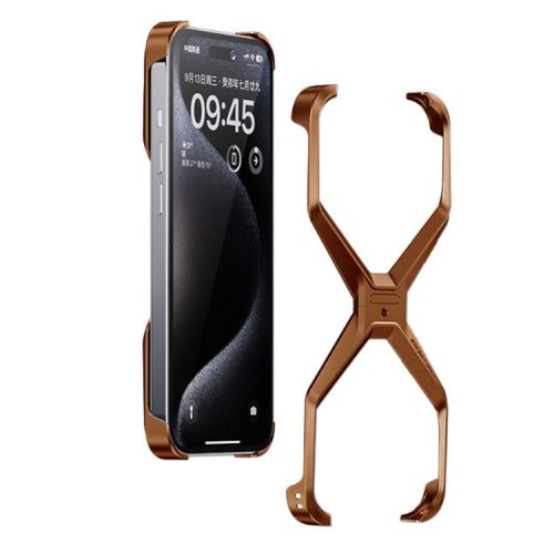 For iPhone 16 Bumper Case No Frame Aluminium Alloy X-Shape Phone Cover - Coffee