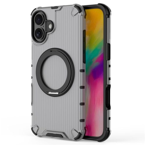 For iPhone 16 Case  Magnetic Kickstand PC+TPU Phone Cover Vertical Stripe, Invisible Ring Holder - Black