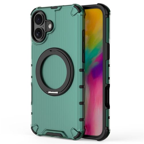 For iPhone 16 Case  Magnetic Kickstand PC+TPU Phone Cover Vertical Stripe, Invisible Ring Holder - Green