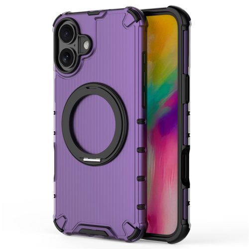 For iPhone 16 Case  Magnetic Kickstand PC+TPU Phone Cover Vertical Stripe, Invisible Ring Holder - Purple