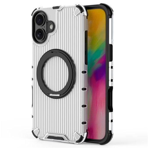 For iPhone 16 Case  Magnetic Kickstand PC+TPU Phone Cover Vertical Stripe, Invisible Ring Holder - White