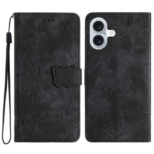 For iPhone 16 Case  PU Leather Skin Feeling Butterfly Wallet Phone Cover - Black