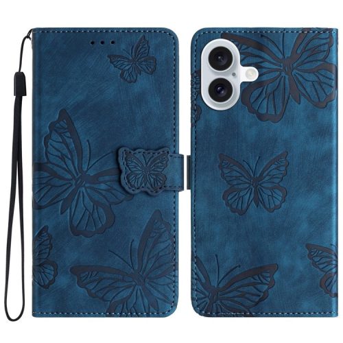 For iPhone 16 Case  PU Leather Skin Feeling Butterfly Wallet Phone Cover - Blue