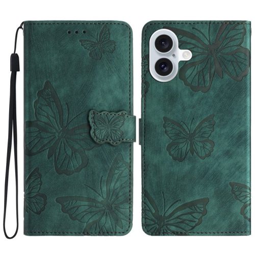 For iPhone 16 Case  PU Leather Skin Feeling Butterfly Wallet Phone Cover - Green