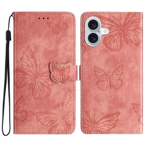 For iPhone 16 Case  PU Leather Skin Feeling Butterfly Wallet Phone Cover - Pink