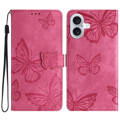 For iPhone 16 Case  PU Leather Skin Feeling Butterfly Wallet Phone Cover - Rose