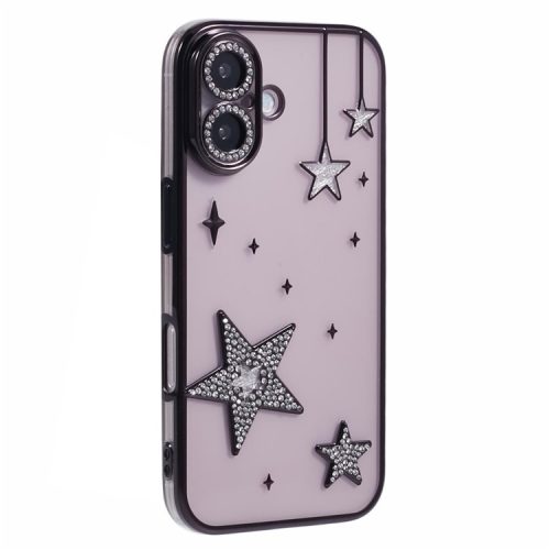 For iPhone 16 Case 3D Bling Stars Electroplating TPU Clear Phone Case - Black