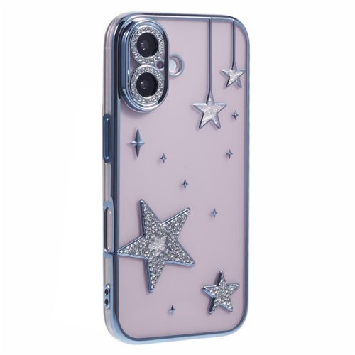 For iPhone 16 Case 3D Bling Stars Electroplating TPU Clear Phone Case - Blue