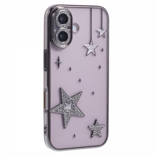 For iPhone 16 Case 3D Bling Stars Electroplating TPU Clear Phone Case - Grey